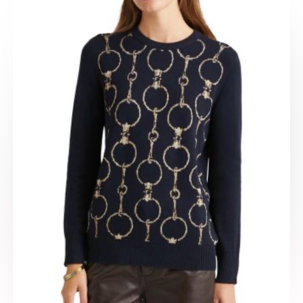 Lauren Ralph‎ Lauren Black Label Medium Blue Gold Chain Sweater Preppy Old Money